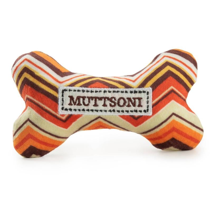 Muttsoni plush dog bone squeaker toy in multicolor zigzag chevron fabric with brand patch