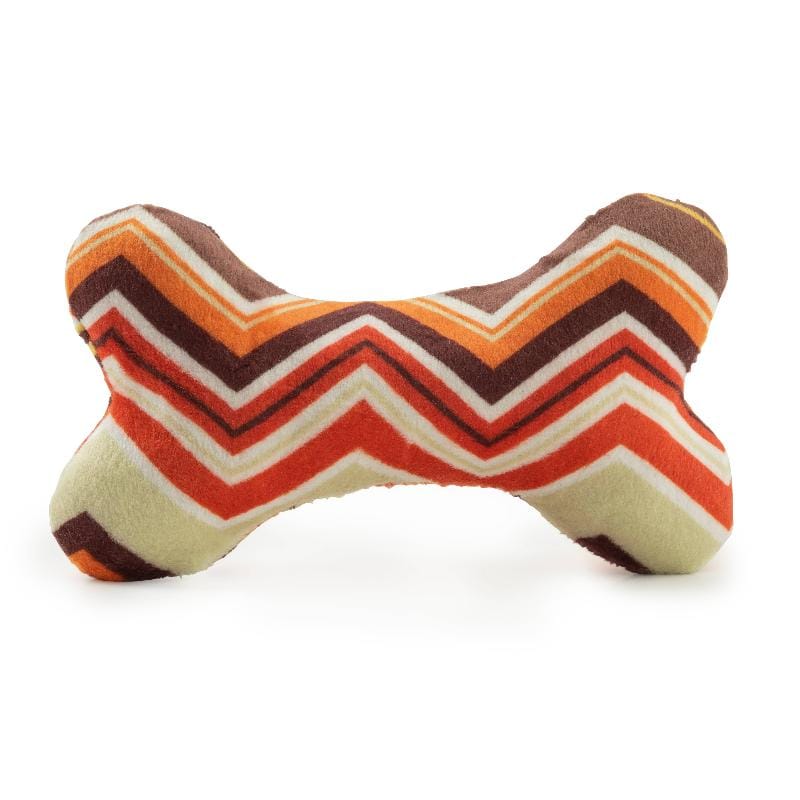 Muttsoni plush bone squeaker toy in multicolor zigzag chevron fabric