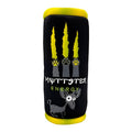Plush dog toy cylinder, black body with yellow ends and Muttster Energy graphic.