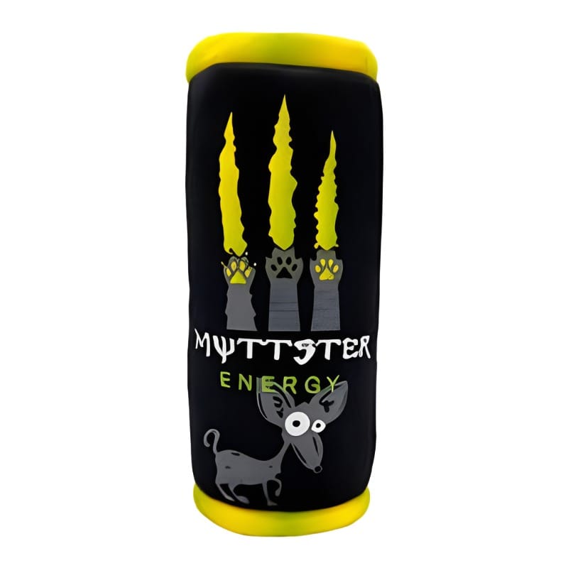 Plush dog toy cylinder, black body with yellow ends and Muttster Energy graphic.
