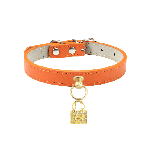 Orange leather dog collar with brass hardware, two-ring buckle and padlock charm