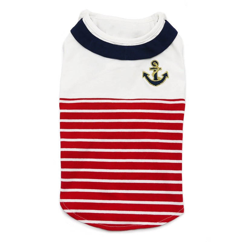 White nautical pet tank top with red horizontal stripes and navy-trimmed neckline