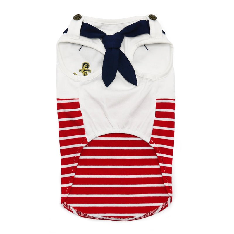 Nautical stripe pet tank top with red stripes, white fabric, navy bow and anchor accents