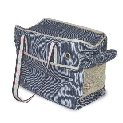Blue striped canvas insulated tote with open top and side carry strap