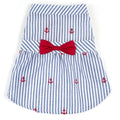 Blue striped dog dress with red anchor print and red bow at waist