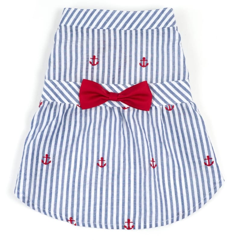 Blue striped dog dress with red anchor print and red bow at waist