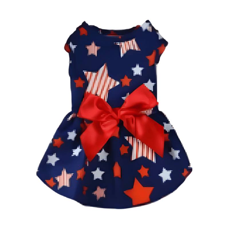 Navy pet dress with star pattern and large red satin bow at the waist