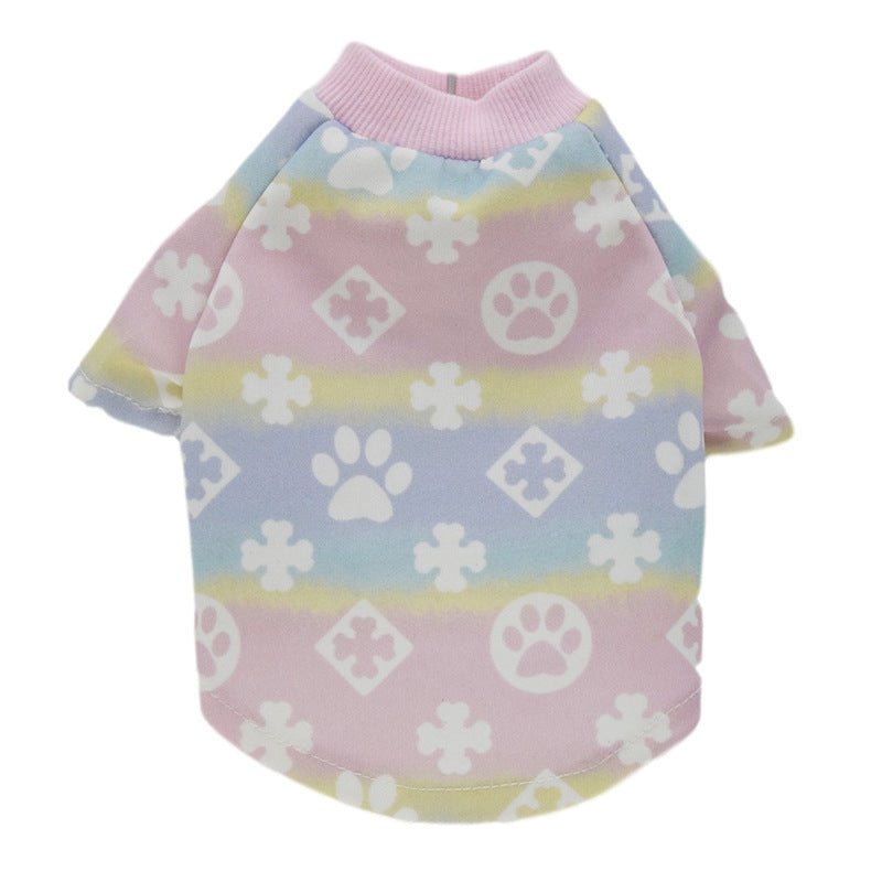 Pink and blue paw-print gradient dog shirt with ribbed collar and short sleeves