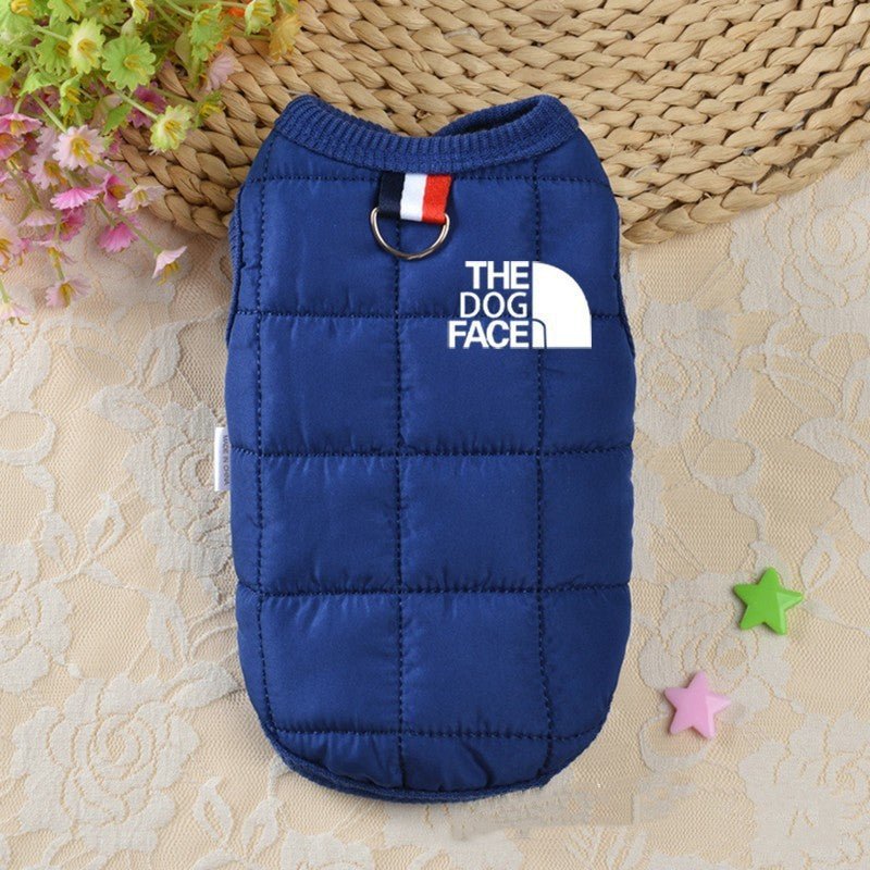 Fleece-lined dog jacket, blue quilted padded vest with D-ring, 'THE DOG FACE' logo, stripe