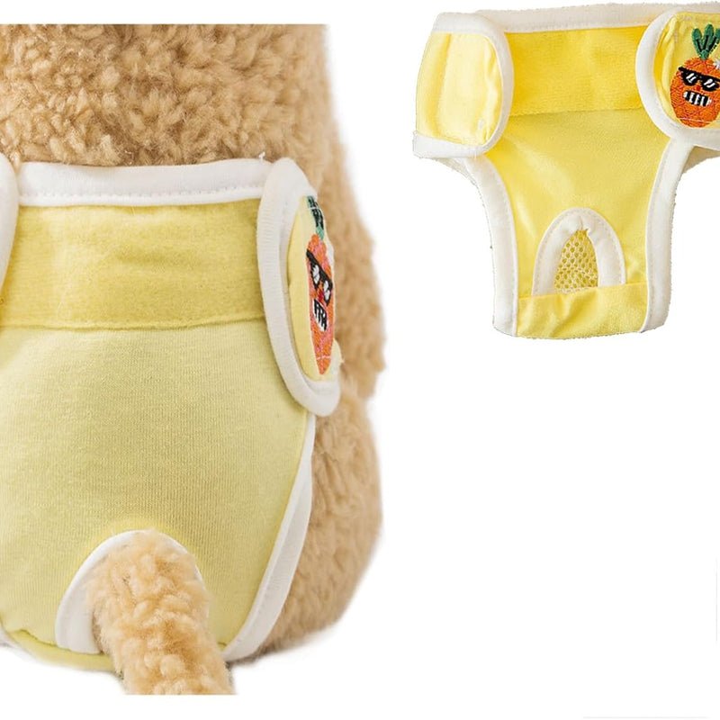 Yellow washable dog diaper front and back view with cartoon patch