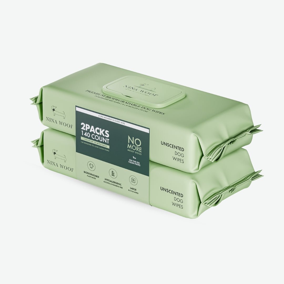 Two-pack green Nina Woof unscented dog wipes, 140-count stacked packs
