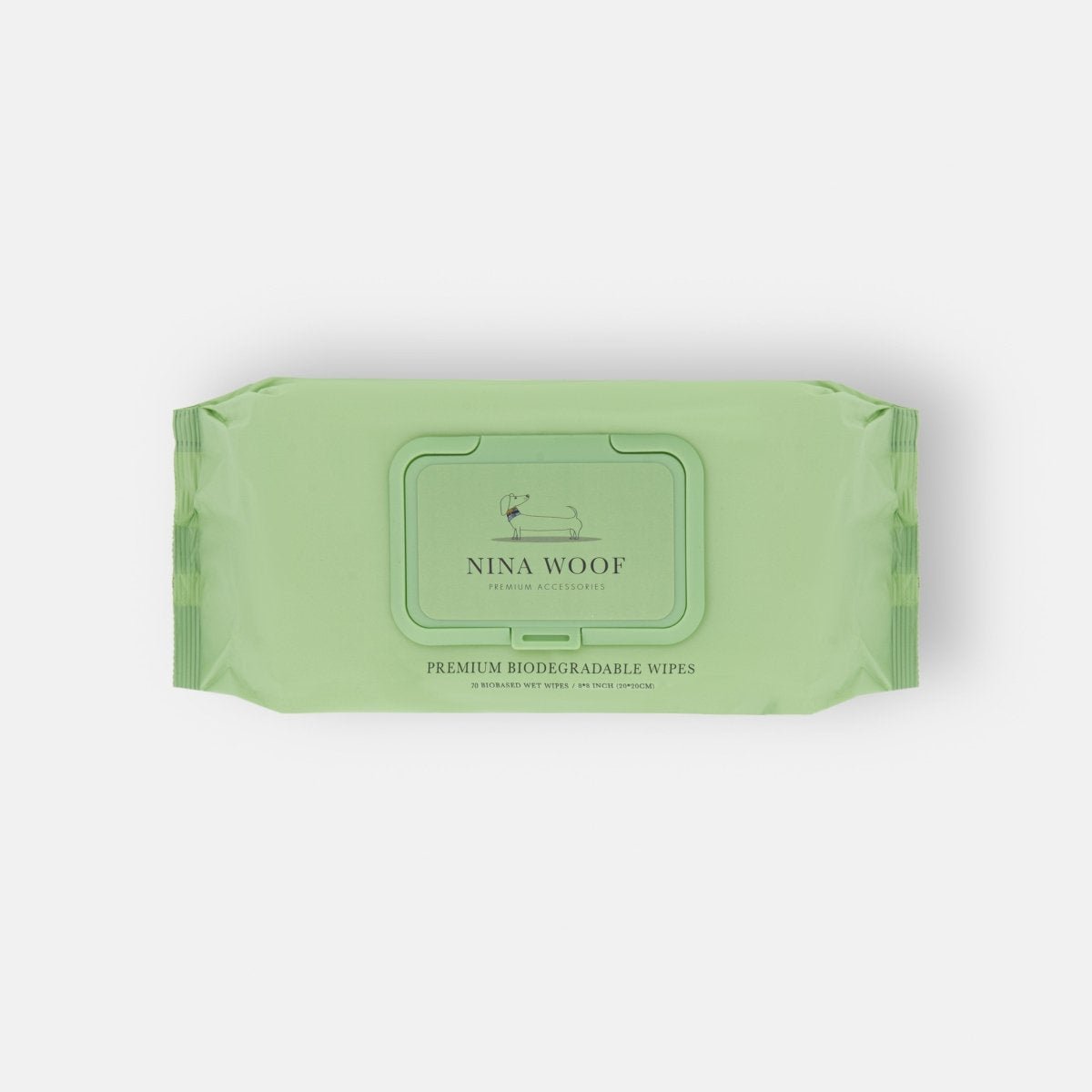 Front view of green Nina Woof biodegradable pet grooming wipes pack