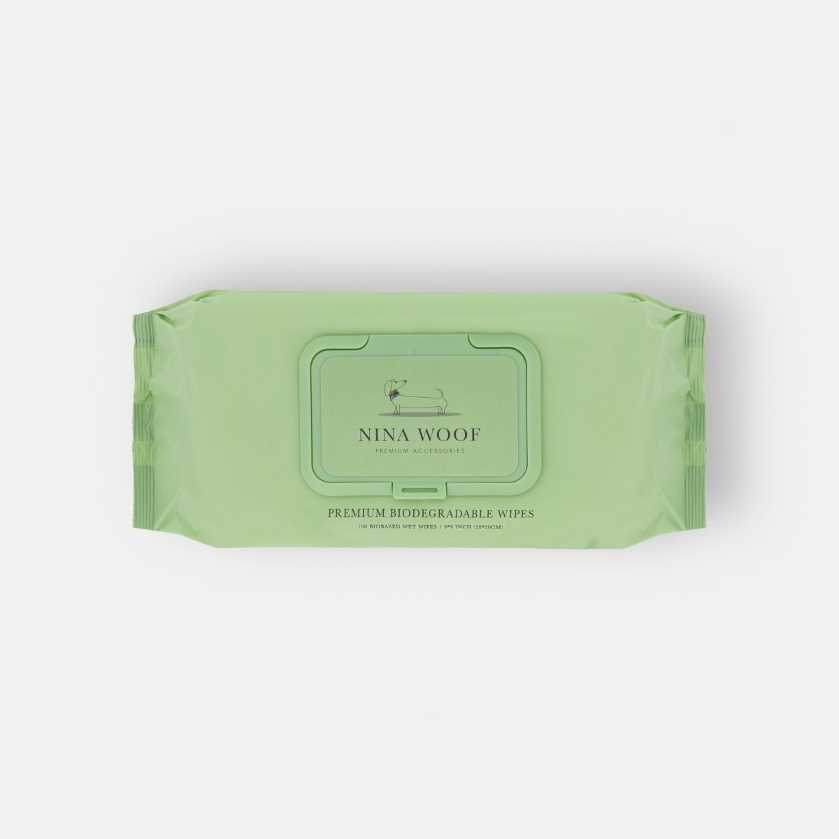 Green biodegradable pet grooming wipes pack with Nina Woof flip-top lid