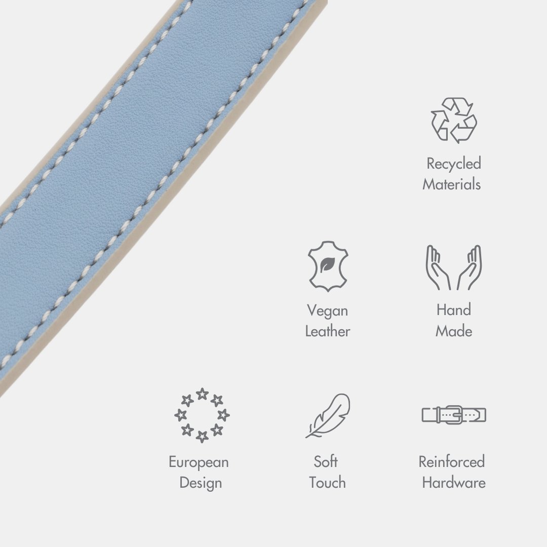 Vegan leather dog collar feature icons: recycled materials, soft touch, reinforced hardware