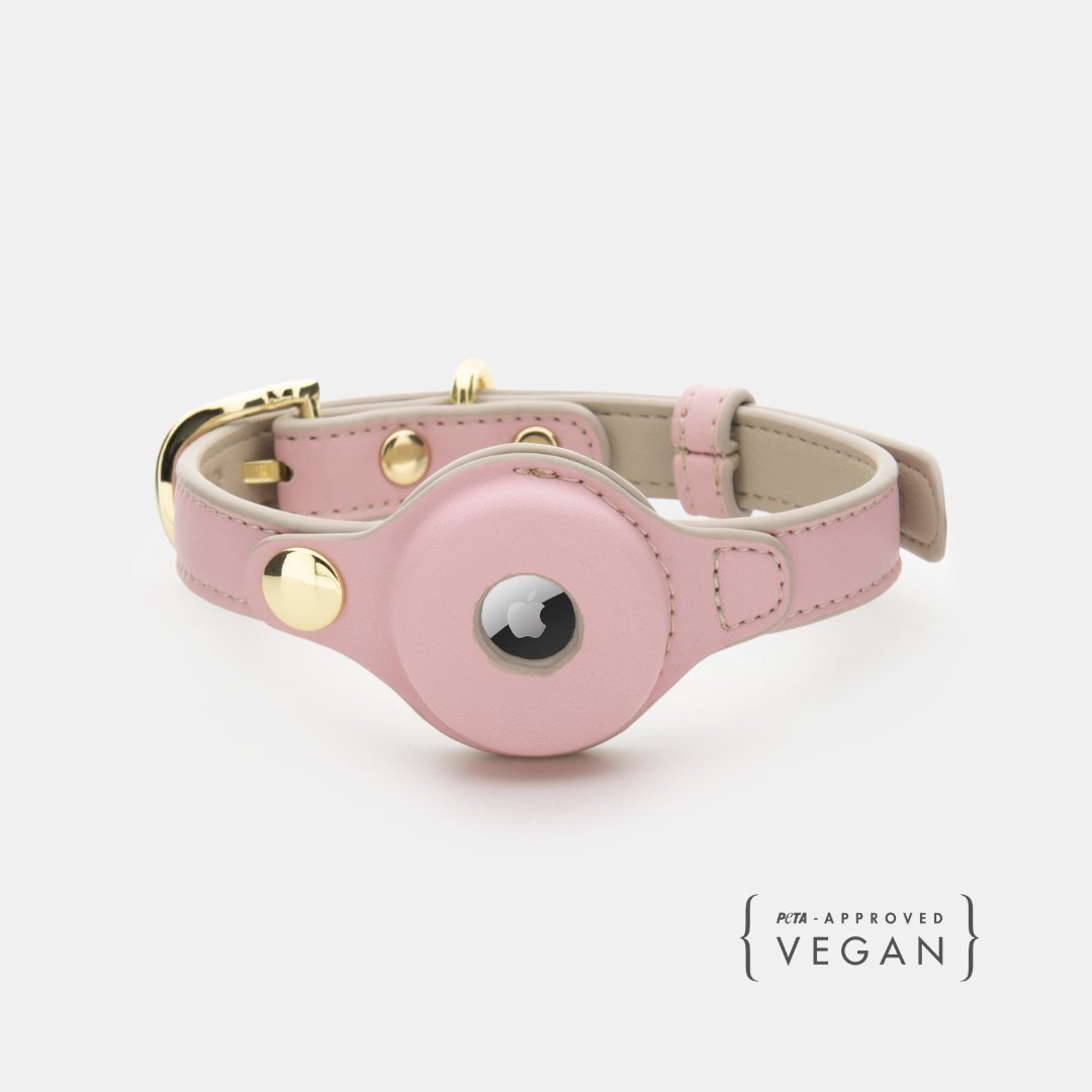 Light pink vegan leather dog collar with AirTag holder and gold-tone hardware