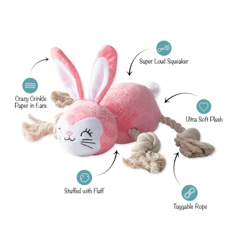 Pink plush rabbit squeak dog toy with soft stuffing, crinkle ears, rope tug legs