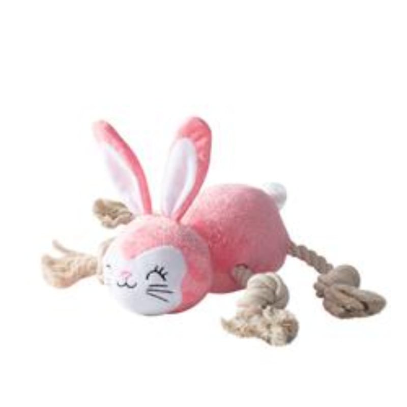 Pink plush rabbit dog toy with rope legs and squeaker, long pink ears