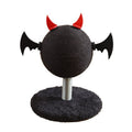Cat scratching ball toy with black textured sphere, red horns, spring stand, round base
