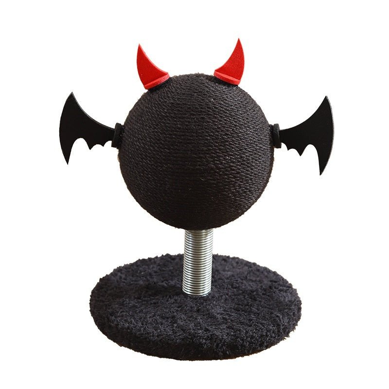 Cat scratching ball toy with black textured sphere, red horns, spring stand, round base