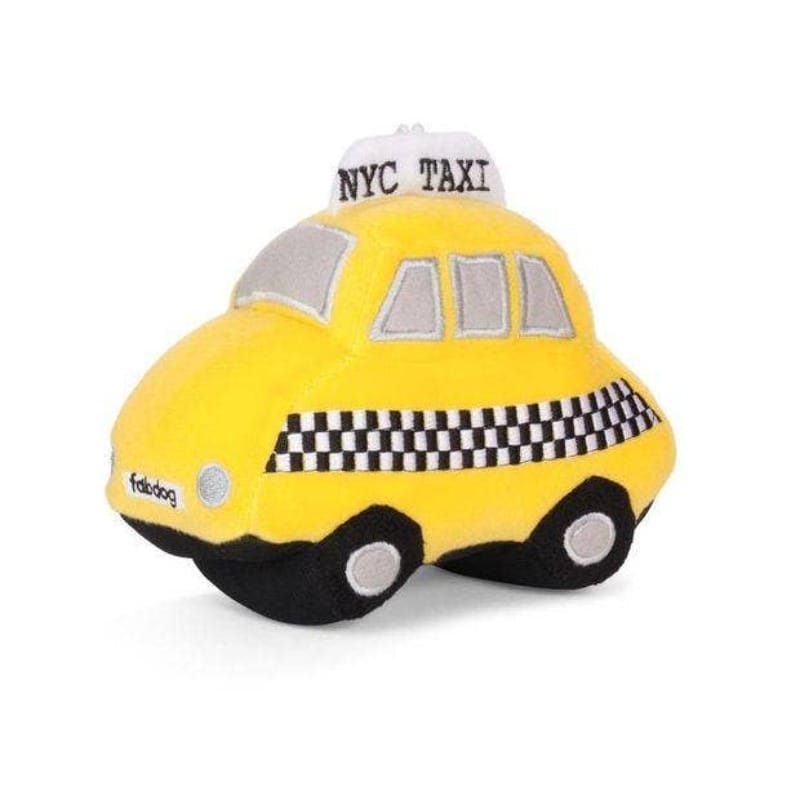 Plush taxi dog toy in yellow with NYC TAXI sign and checkered front