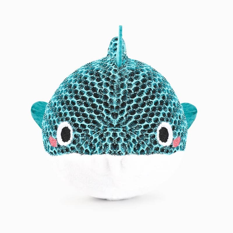 Blue textured dolphin ball dog toy with white eye circles, pink cheek, and dangling tail
