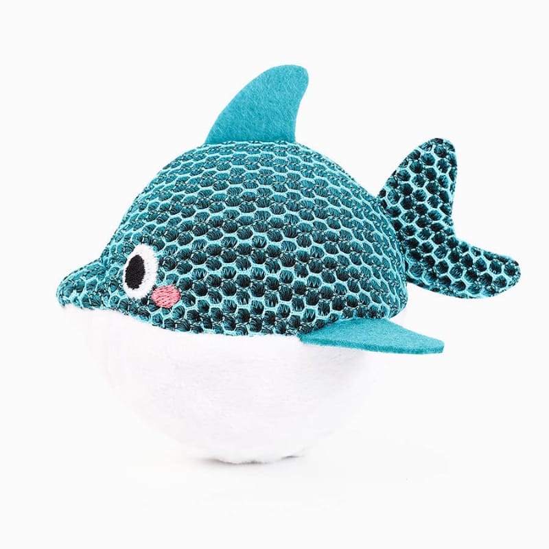 Blue textured dolphin ball dog toy with plush white belly and stitched eye patch