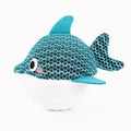 Blue textured dolphin ball dog toy with plush white belly and stitched eye patch