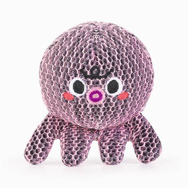 Purple octopus ball dog toy with stitched face and tentacles