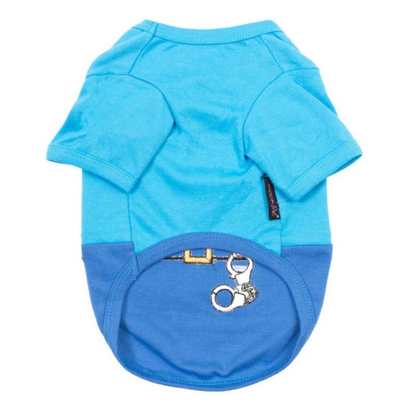 Blue dog costume T-shirt with handcuff graphic and gold buckle belt