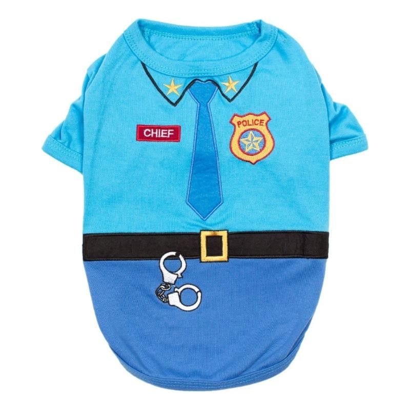 Blue dog costume T-shirt with police badge, chief patch, tie and belt graphic