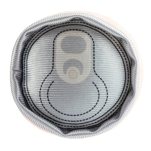 Gray plush top end of a dog can toy, embroidered paw pattern patch