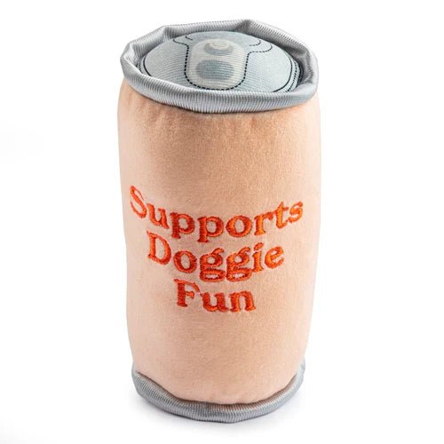 Tan plush dog can toy with gray trim, “Supports Doggie Fun” text on back