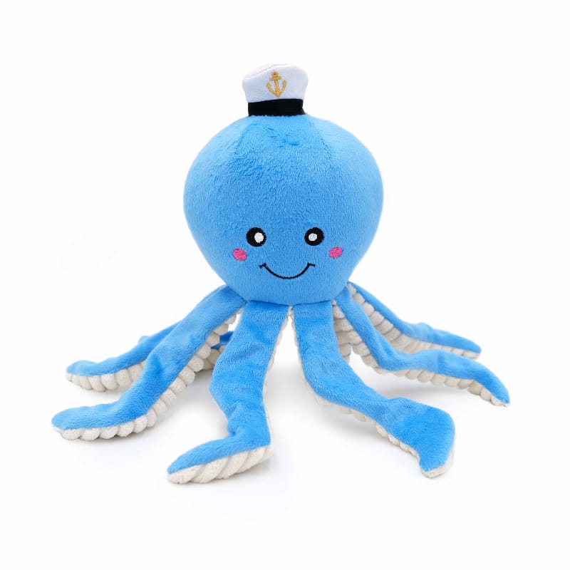 Blue plush octopus dog toy with smiling face, sailor hat with anchor, long tentacles