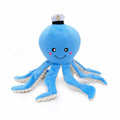 Blue plush octopus dog toy with smiling face, sailor hat with anchor, long tentacles