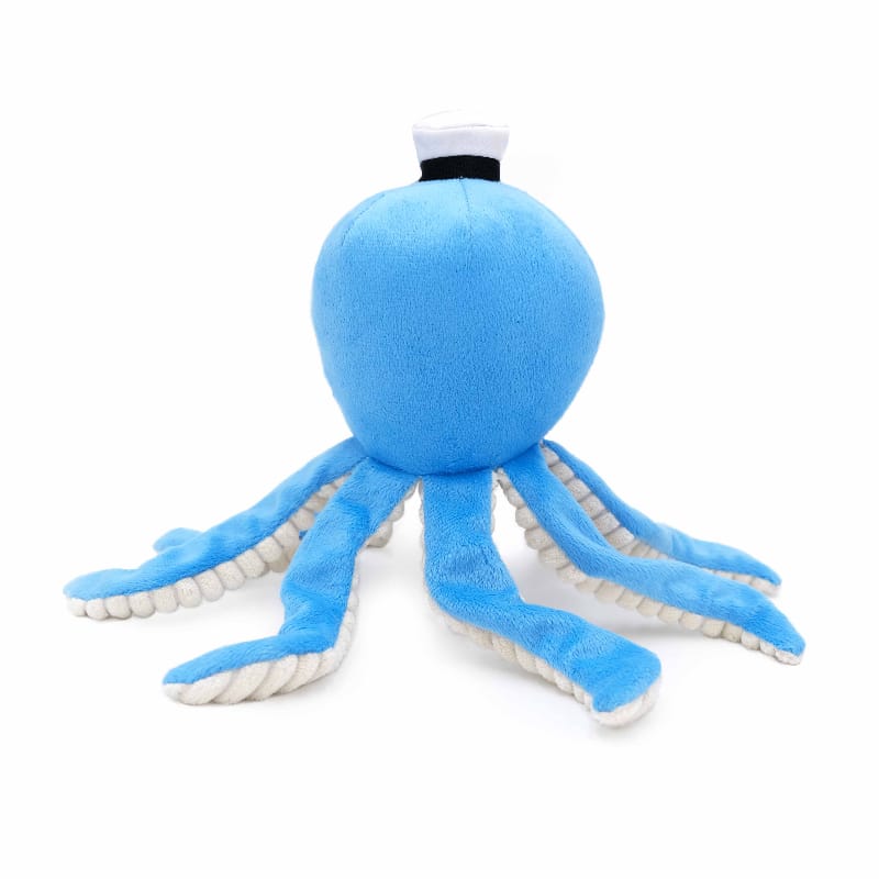 Blue plush octopus dog toy back view with sailor hat and striped underside tentacles