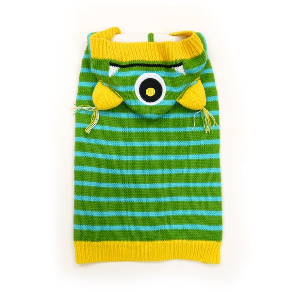 Green striped dog sweater with yellow hem and hood, featuring cartoon eye design