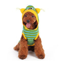 Green striped hooded dog sweater with yellow trim and monster eye patch