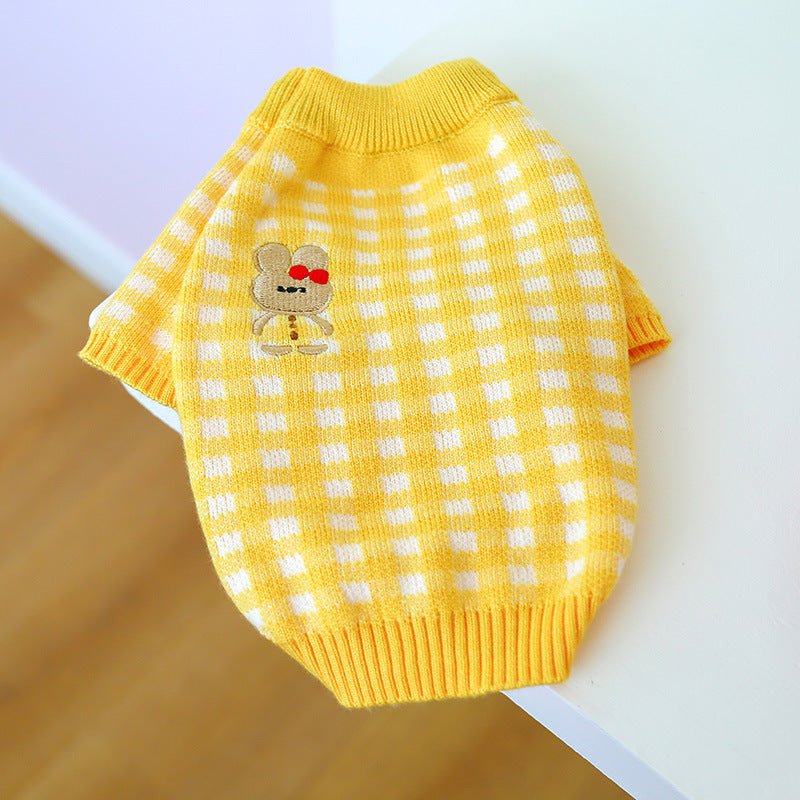 Pet one-piece sweater in yellow with white check pattern and small bear graphic