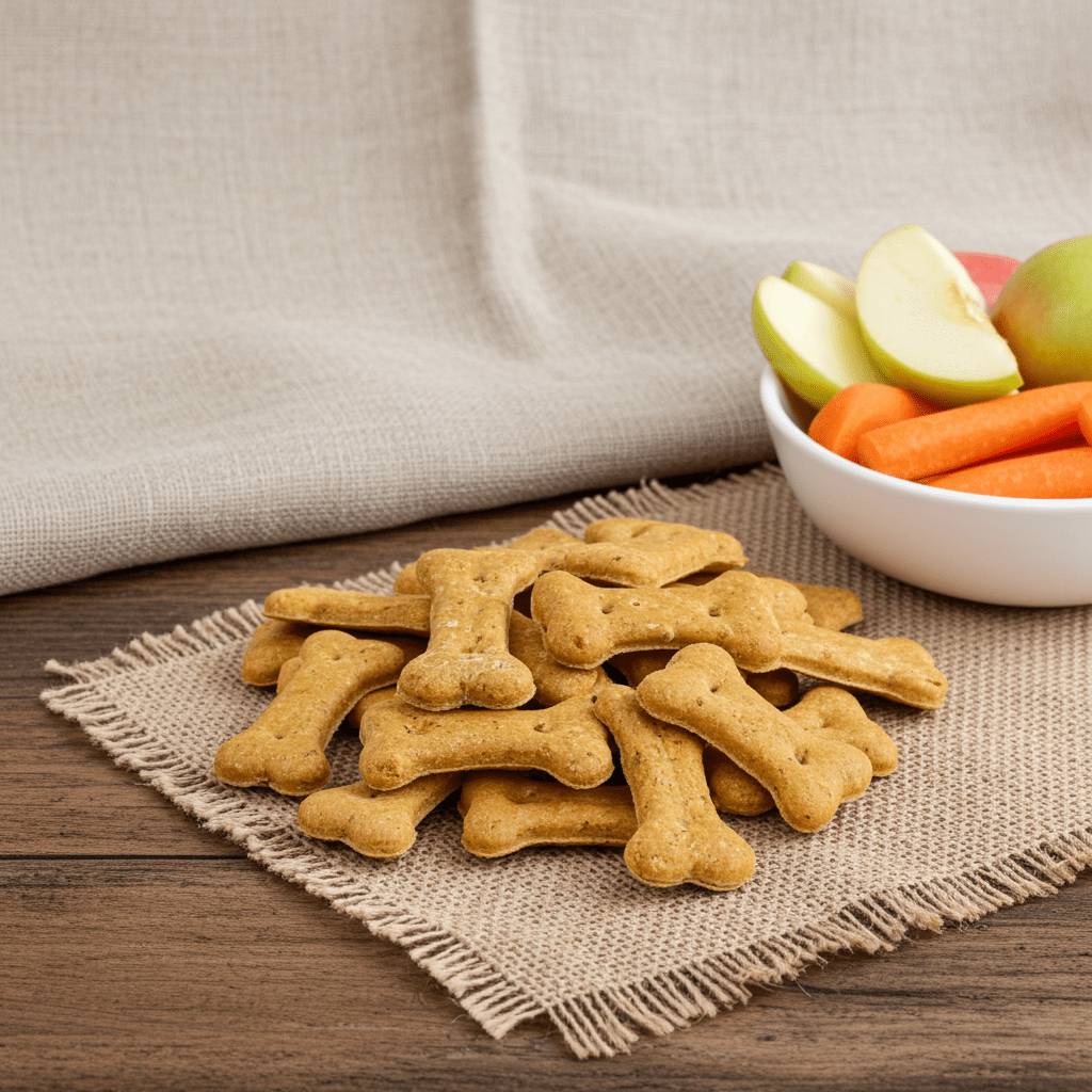 Dog treat bones on a cloth, with bowl of sliced apple and carrots in view