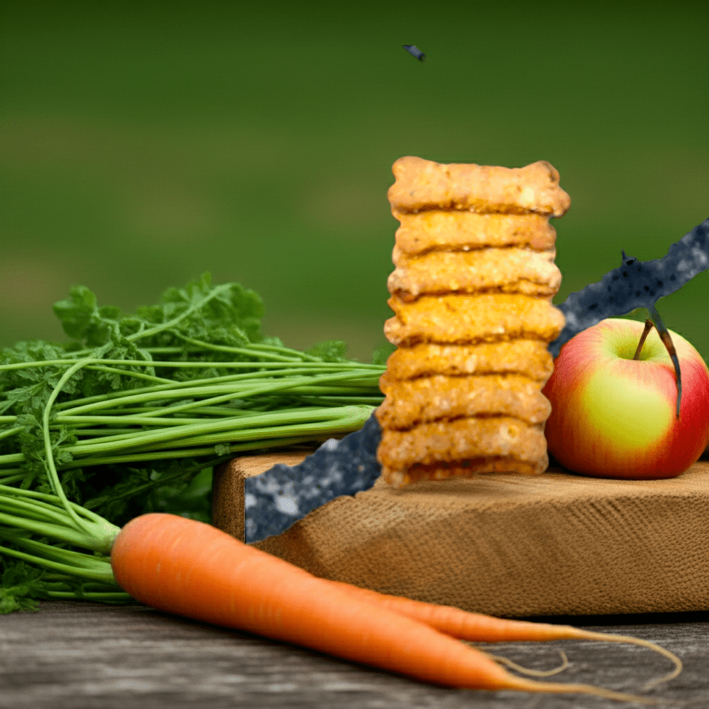 Stack of crunchy dog treat bones with carrot and apple beside on wooden board