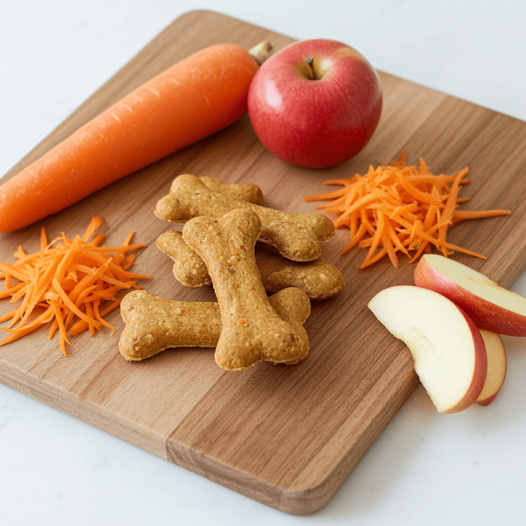Dog treat bones, small crunchy brown shapes on a wooden board