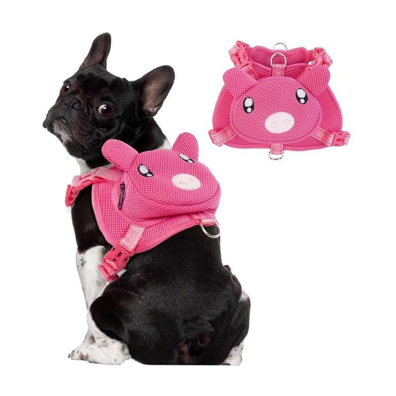 Pink cartoon dog chest-strap backpack with bear face detail