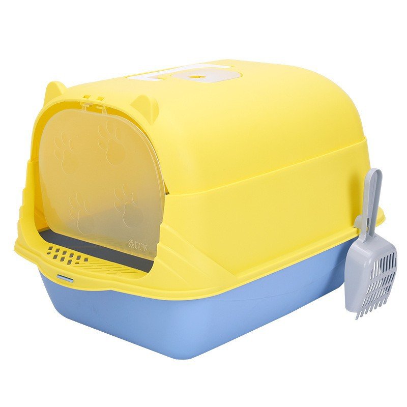 Yellow and blue enclosed cat litter box with white front door and side vent panels
