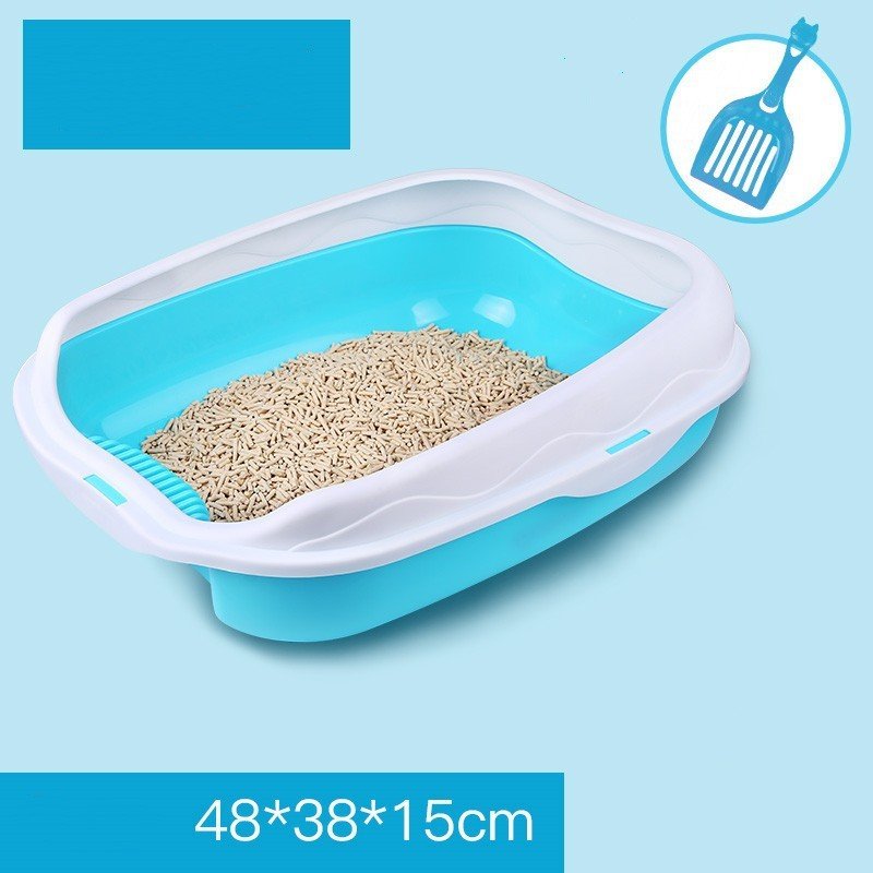 Oversized splash-proof cat litter box with blue base, white rim, scooped opening