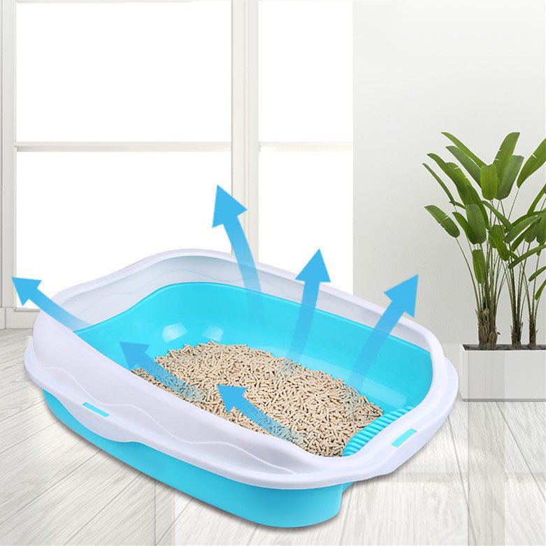 Enclosed cat litter box with open top, blue tray filled with sand