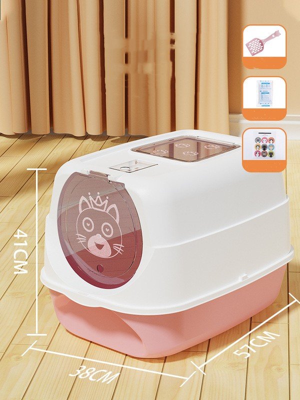 Enclosed cat litter box with white lid and pink base, cat face door on front