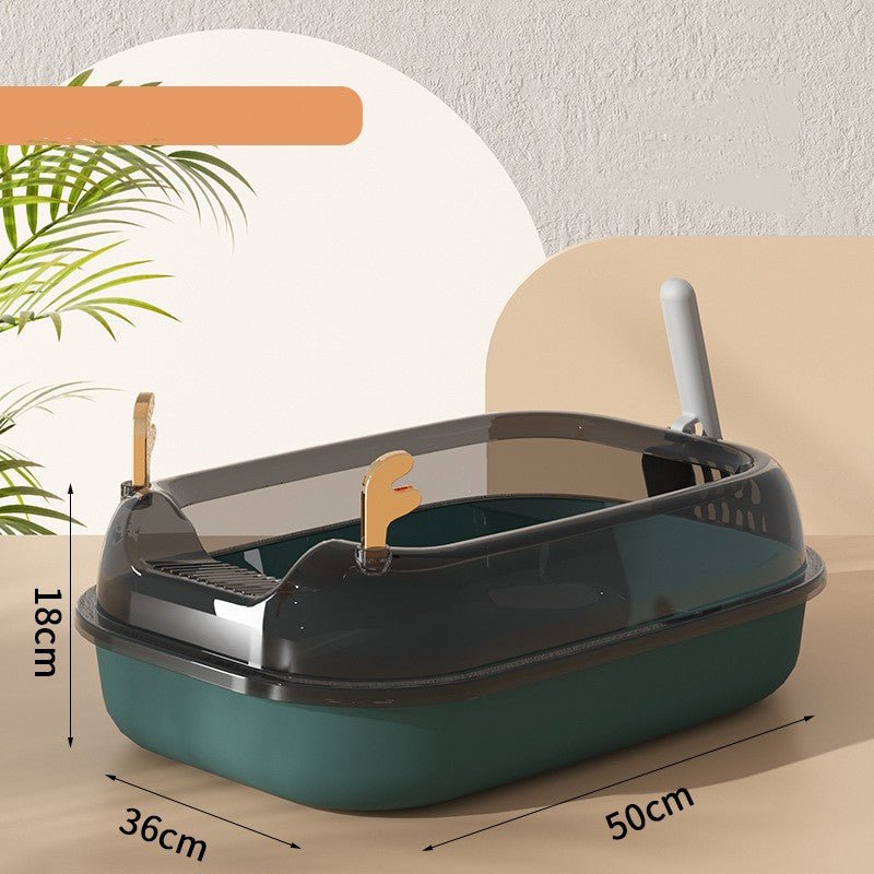 Oversized splash-proof cat litter box with dark hood and green base, front opening