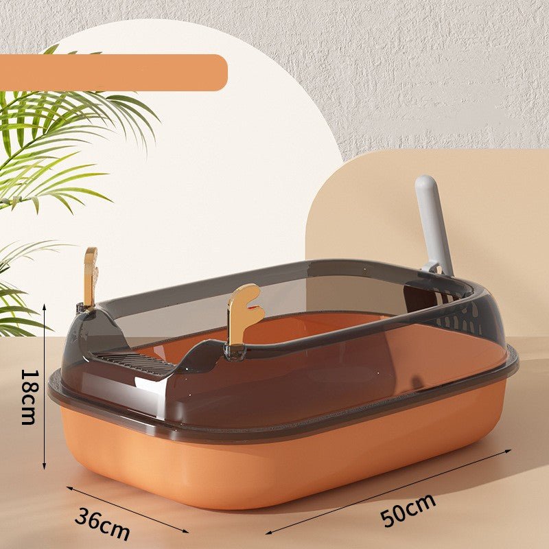 Oversized splash-proof litter box with brown transparent top and carrying handle