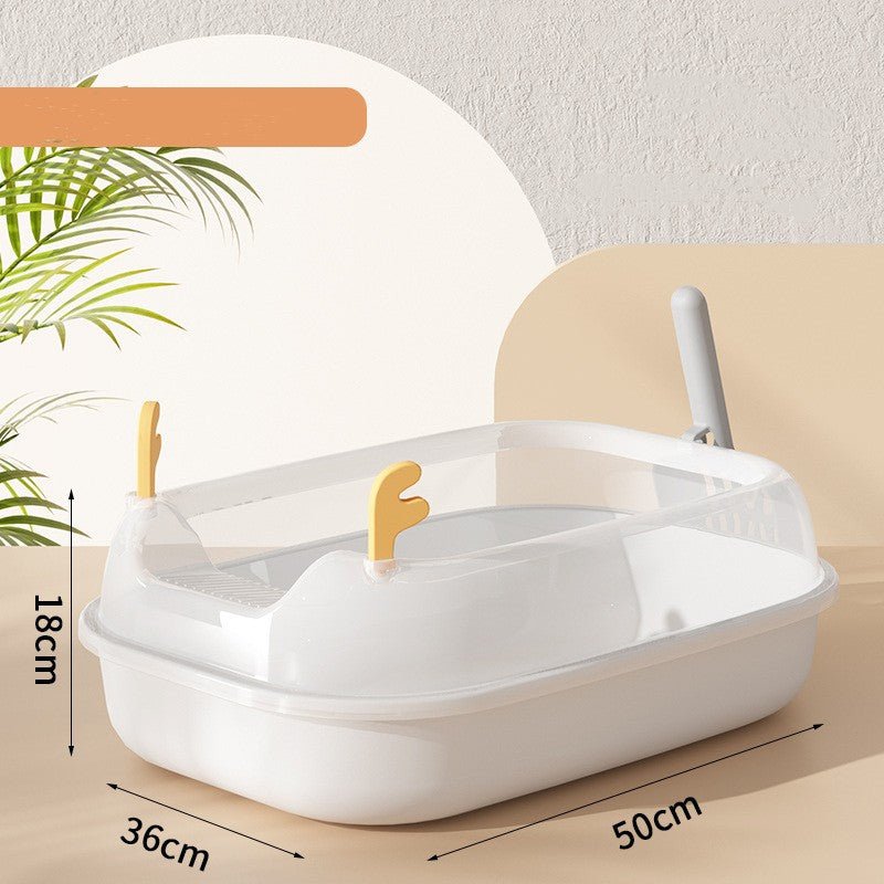 Oversized splash-proof litter box with white transparent top and yellow handle posts