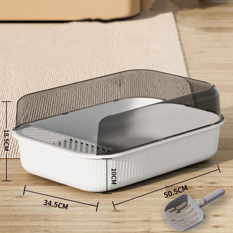 Oversized splash-proof litter box with clear gray lid, white base, and gray scoop